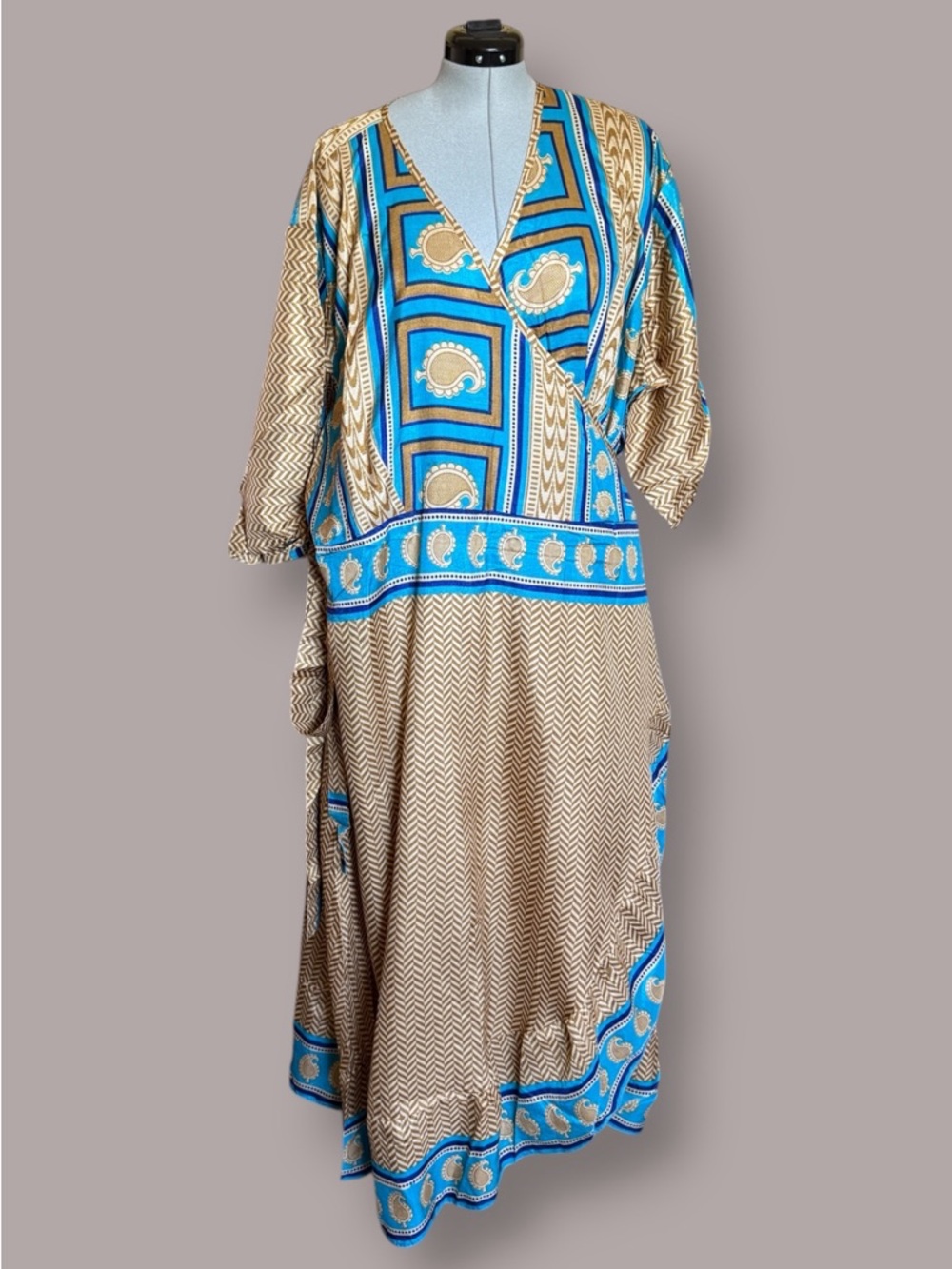 Sari Wrap Dress Blue & Tan Printed Ethnic Maxi Dress